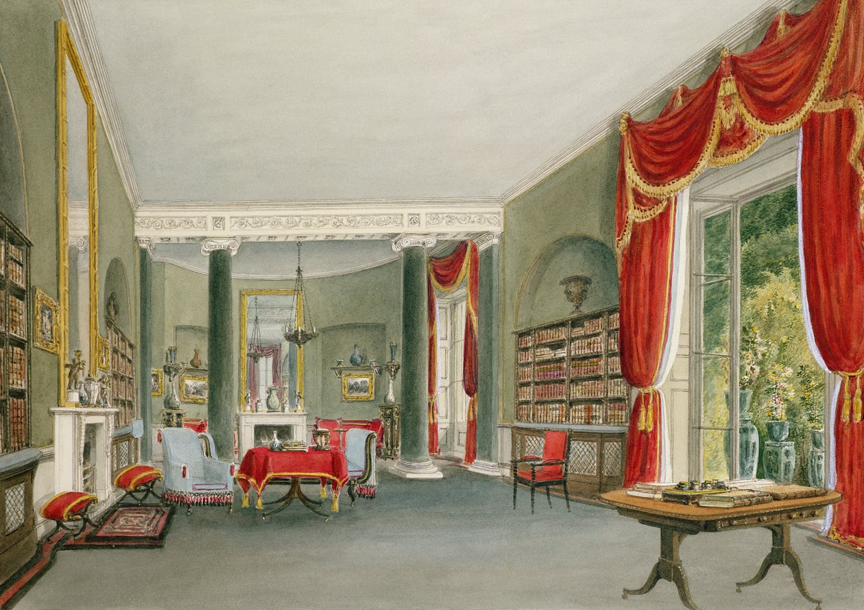 Bibliotek och salong i Bromley Hill, Kent (säte för den ärade Charles Long) av John Chessell Buckler