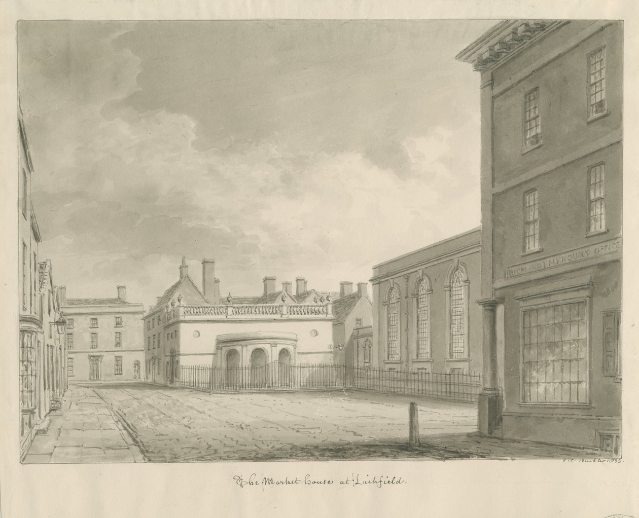 Lichfield - Market House: sepiateckning av John Chessell Buckler