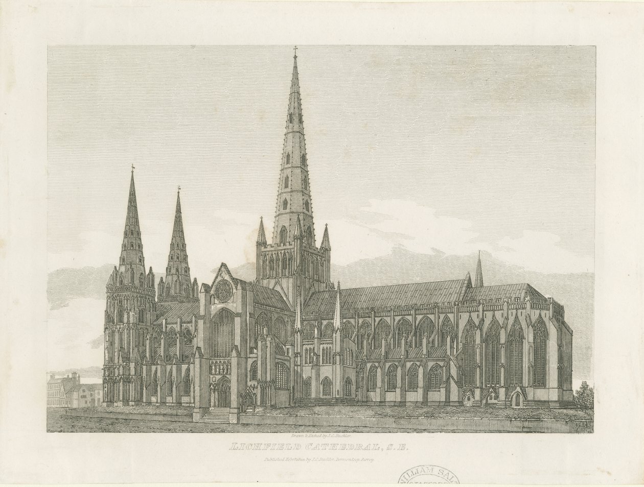 Lichfield Cathedral - South East View: gravyr, och [c 1820] (tryck) av John Chessell Buckler