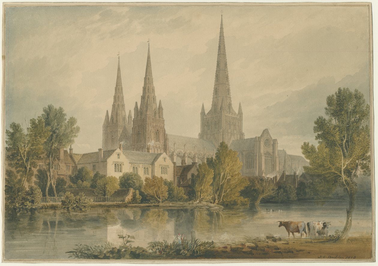 Lichfield Cathedral - South West View: akvarellmålning, 1813 av John Chessell Buckler
