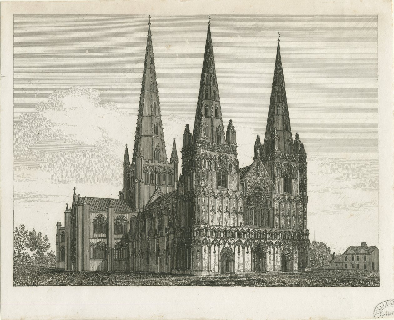 Lichfield Cathedral - West Front: gravyr och [tidigt 1800-tal] (tryck) av John Chessell Buckler