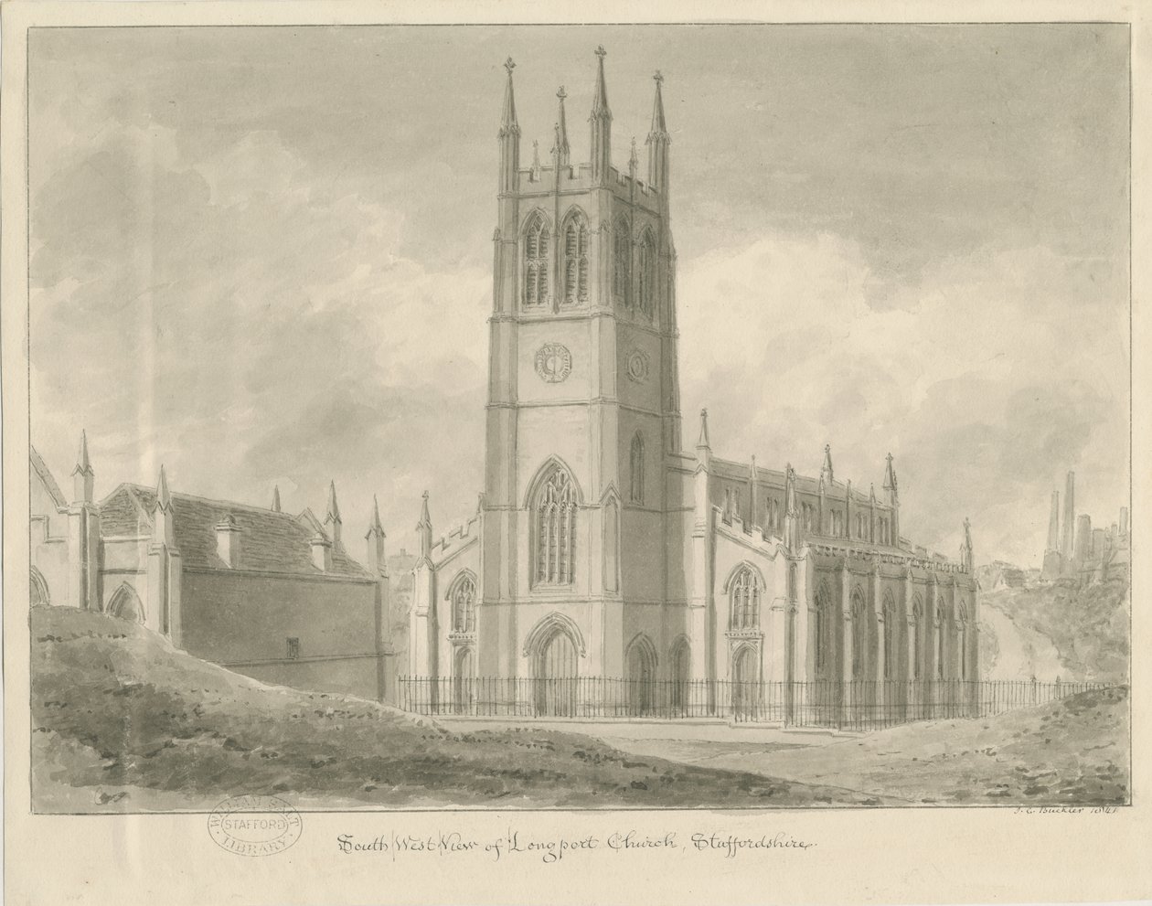 Longport Church -St. Pauls: sepiateckning av John Chessell Buckler