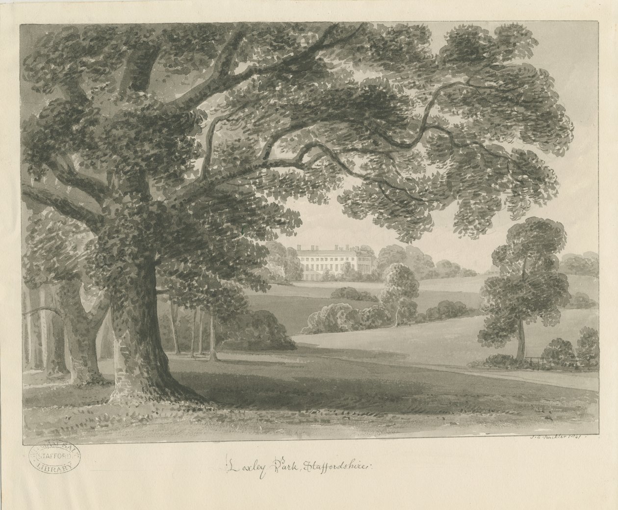 Loxley Park: sepiateckning, 1841 av John Chessell Buckler