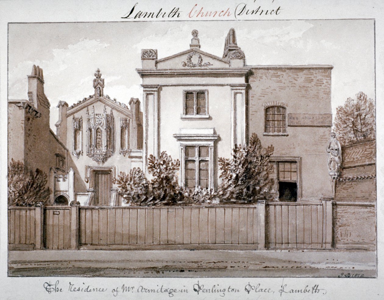 Mr Armitages residens i Penlington Place, Lambeth, London, 1828 av John Chessell Buckler