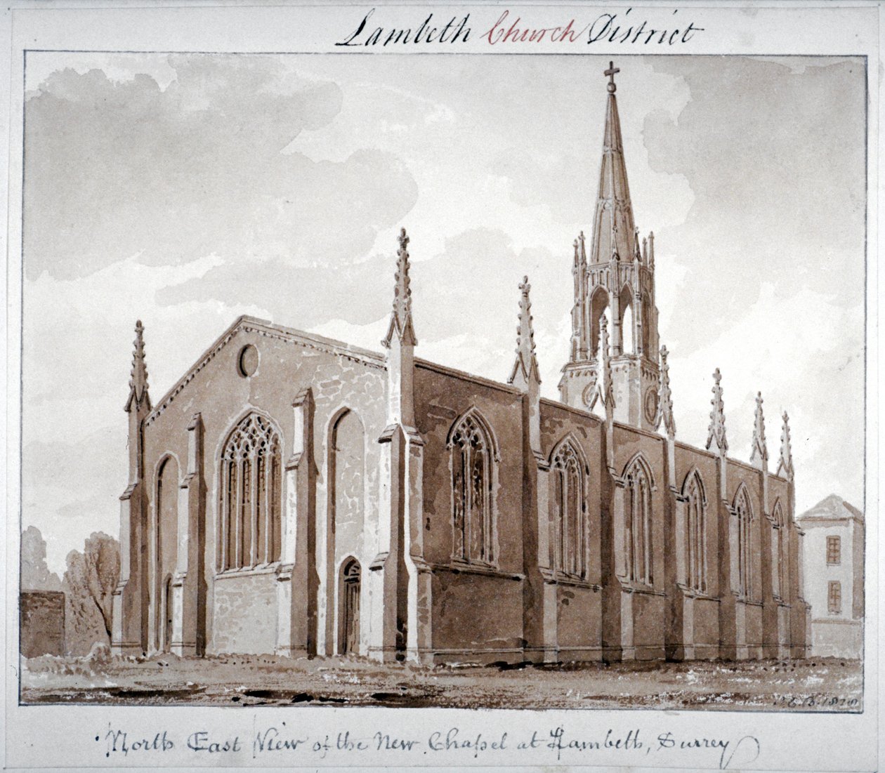 Nordostvy av Church of St Mary the Less, Lambeth Butts, London, 1828 av John Chessell Buckler