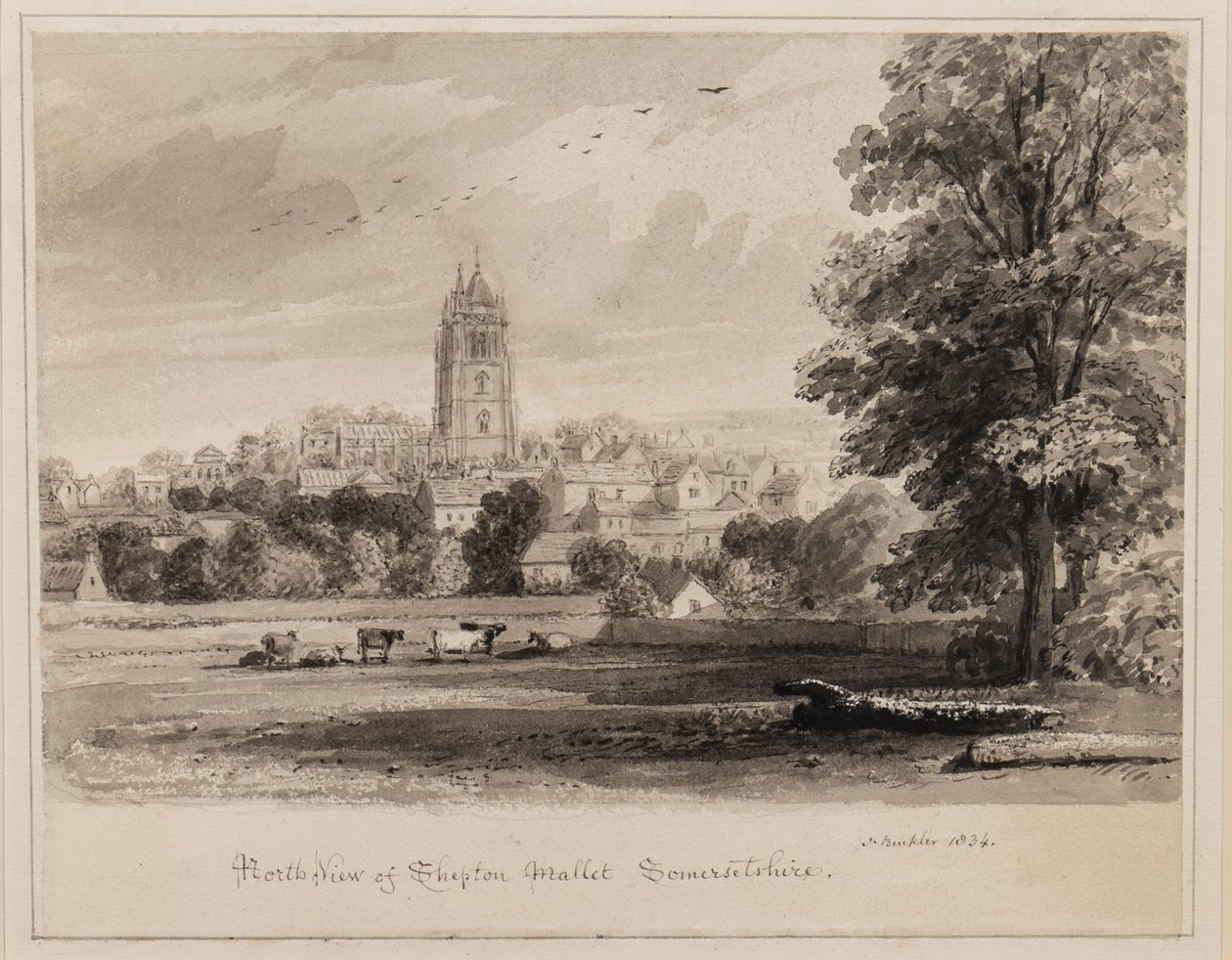 North West View of Shepton Mallet, Somersetshire, 1834 (penna, pensel och bläck på papper) av John Chessell Buckler