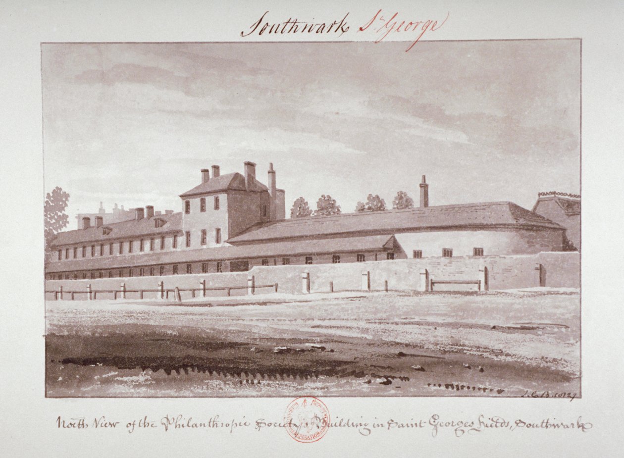 Norrvy av Philanthropic Society Institution på London Road, Southwark, London, 1827 av John Chessell Buckler