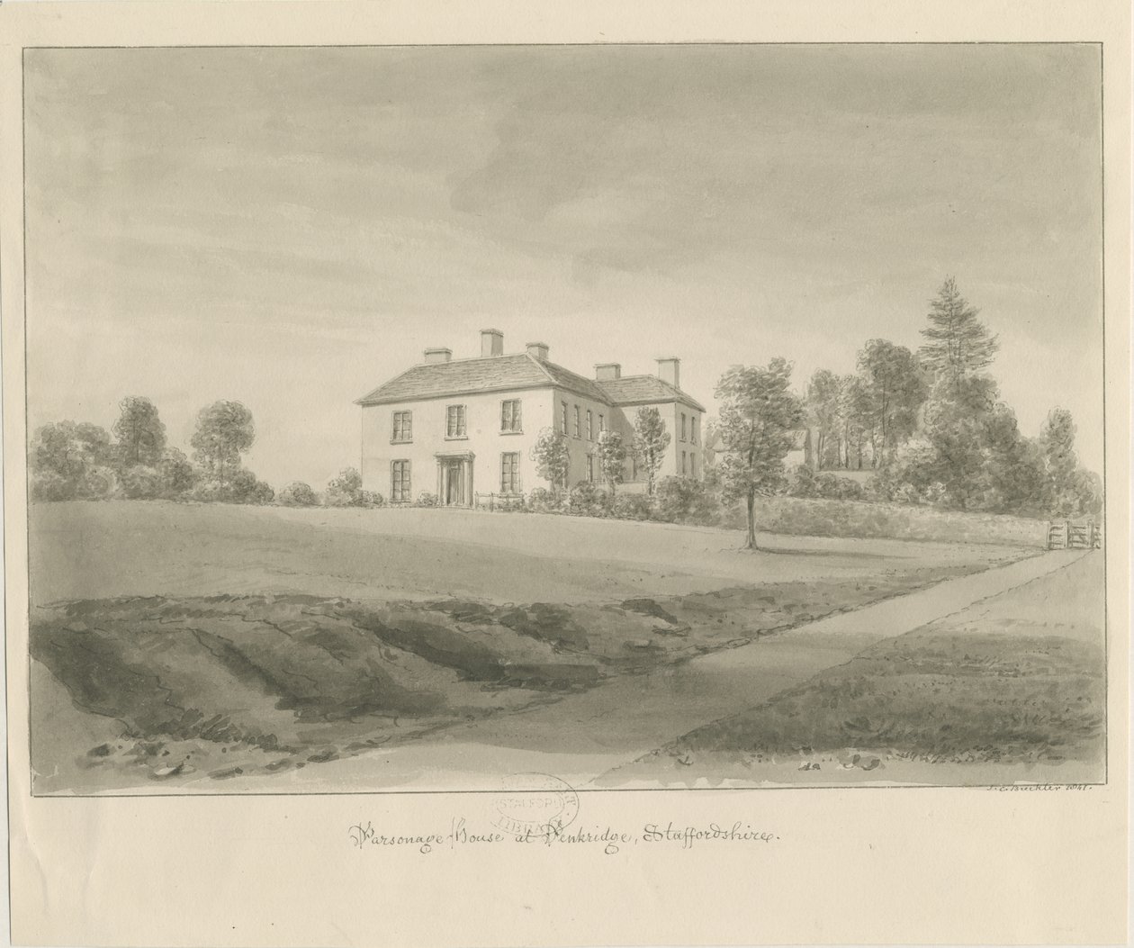 Penkridge - Parsonage House: sepiateckning av John Chessell Buckler