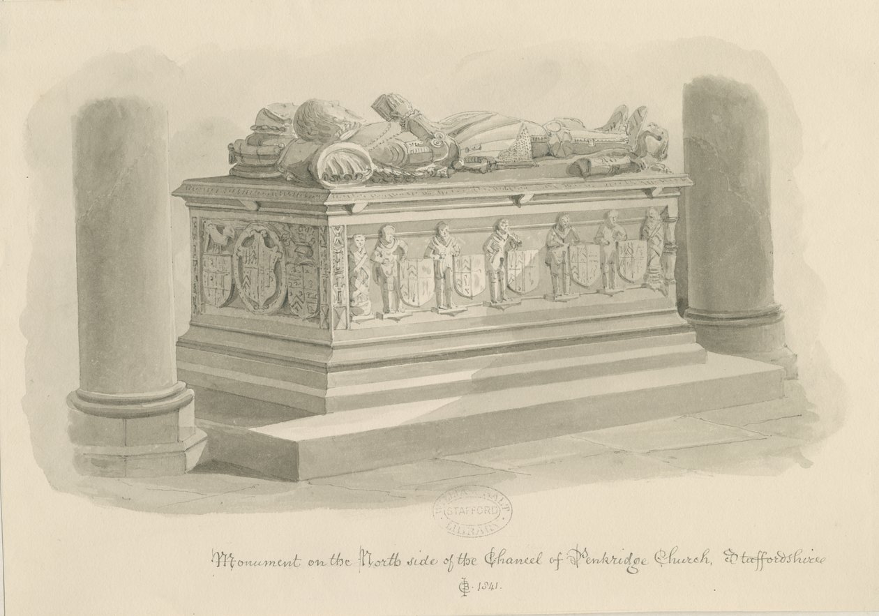 Penkridge Church - Tomb of [Sir Edward Littleton]: sepiateckning av John Chessell Buckler