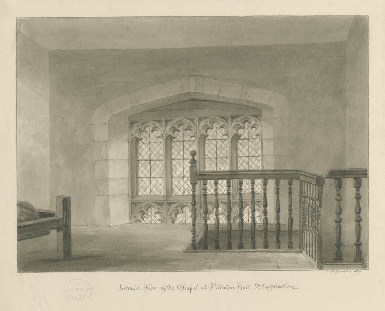 Pillaton Hall - Kapellets inre: sepiateckning, 1841 av John Chessell Buckler