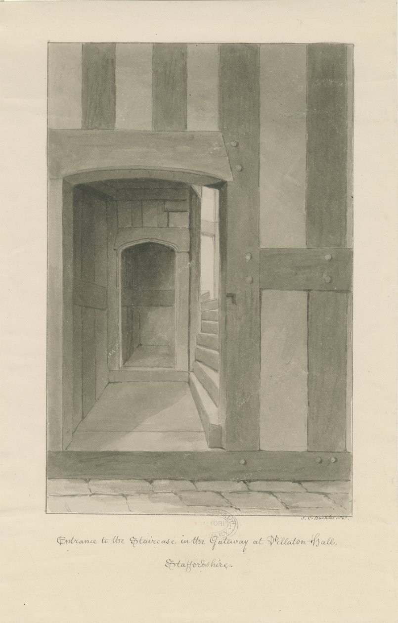 Pillaton Hall - Interiör av Gatehouse: sepia ritning av John Chessell Buckler