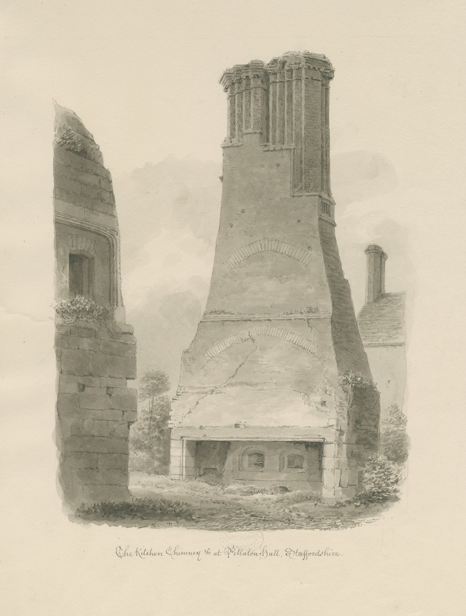 Pillaton Hall - Köksskorsten: sepia ritning av John Chessell Buckler