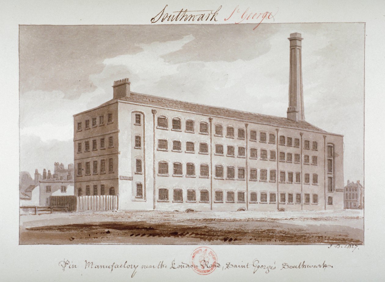 Pin manufactory nära London Road, Southwark, London, 1827 av John Chessell Buckler