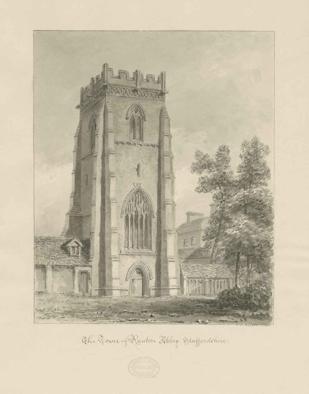 Ranton Abbey [Priory] - Tornet: sepiateckning av John Chessell Buckler