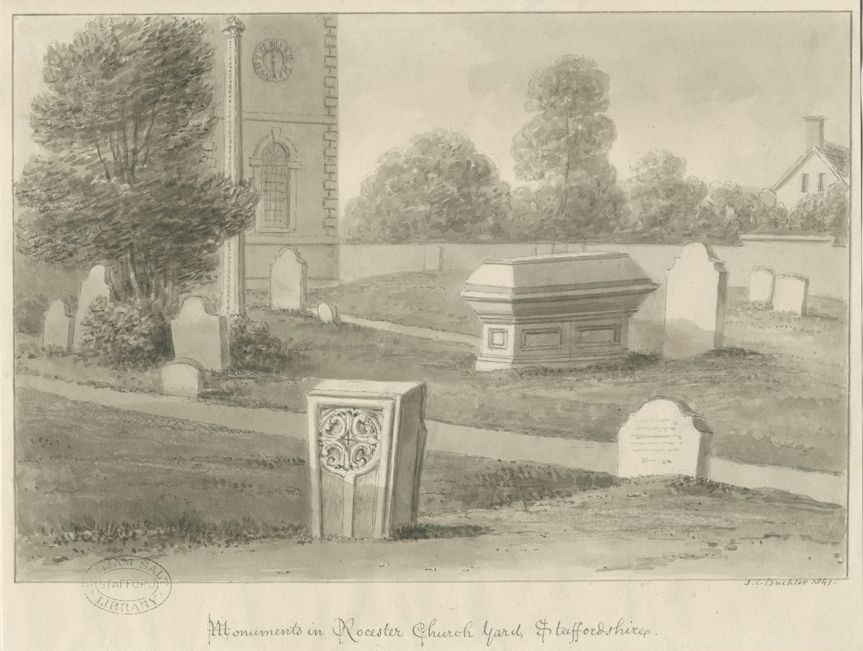Rocester Church - Monument och kyrkogård: sepiateckning av John Chessell Buckler