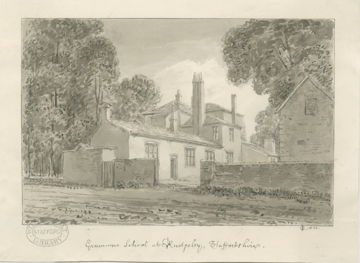 Rugeley Town - Grammar School: sepiatvättteckning, 1824 av John Chessell Buckler