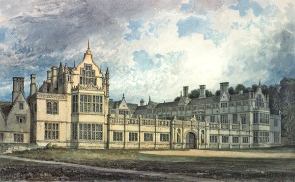 Rushton Hall, Northamptonshire: Utsikt från sydost (wc) av John Chessell Buckler