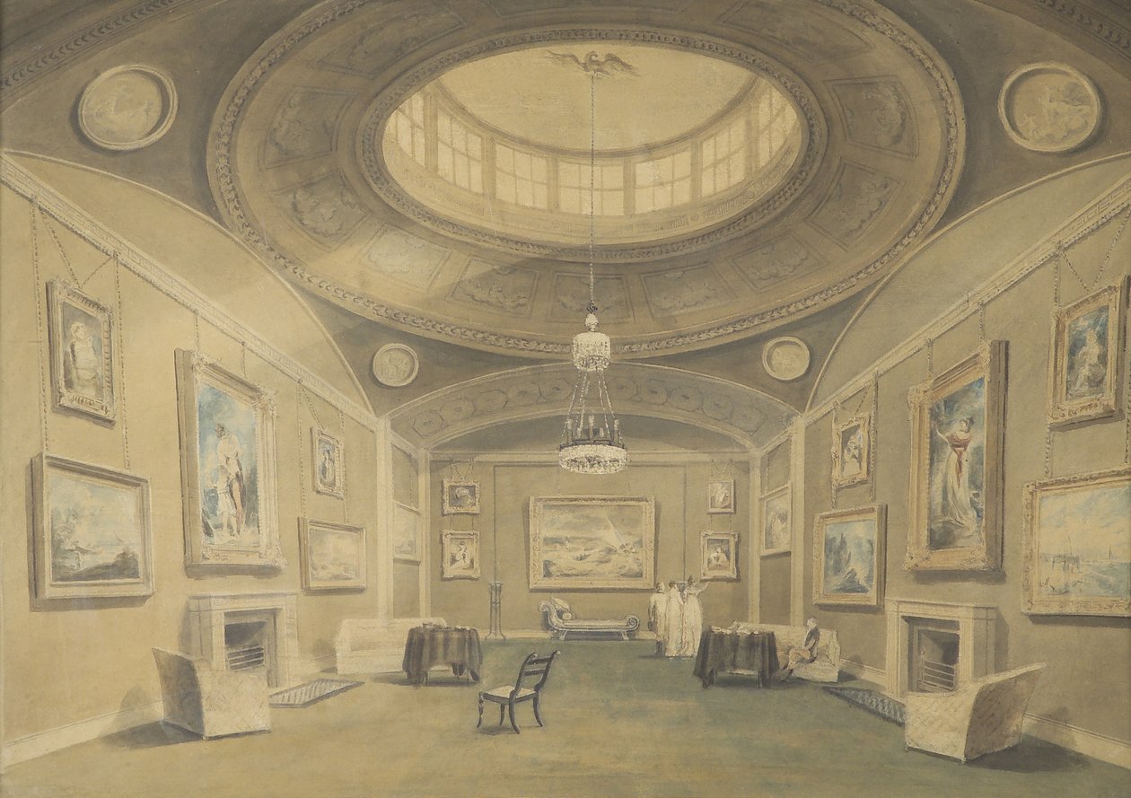 Skiss av Sir John Leicesters Gallery of Pictures by British Artists, Hill Street, Berkley Square, 1806 (penna och tvätt på papper) av John Chessell Buckler