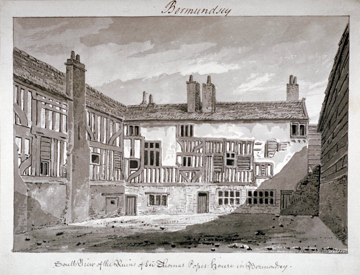 Södervy av resterna av Thomas Popes hus, Mill Lane, Bermondsey, London, 1808. av John Chessell Buckler