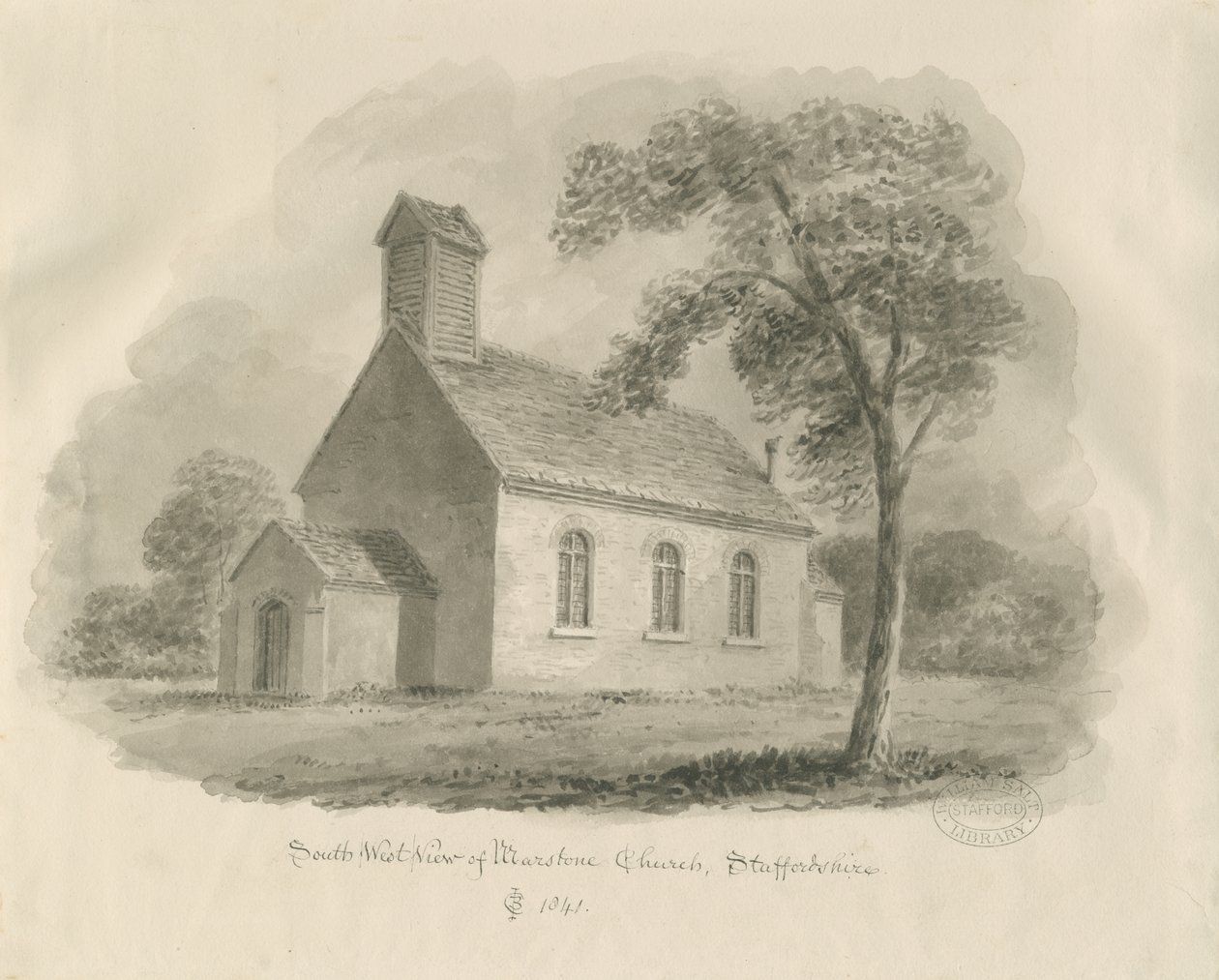 Stafford - Marston Chapel: sepiateckning (vinjeterad) av John Chessell Buckler