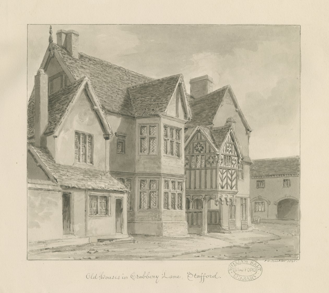 Stafford - Old Houses in Crabbery Lane: sepiateckning, 1841 av John Chessell Buckler