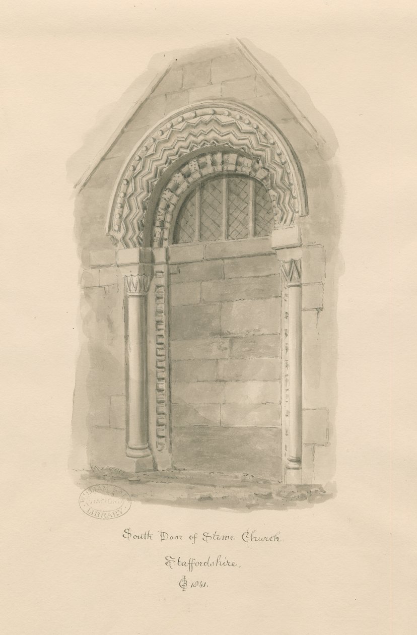 Stowe Church - South Door: sepiateckning av John Chessell Buckler