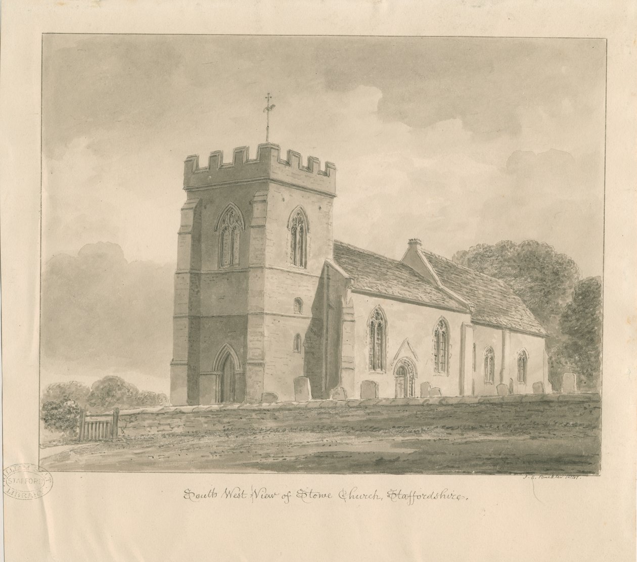 Stowe kyrka: sepia tvätt ritning av John Chessell Buckler