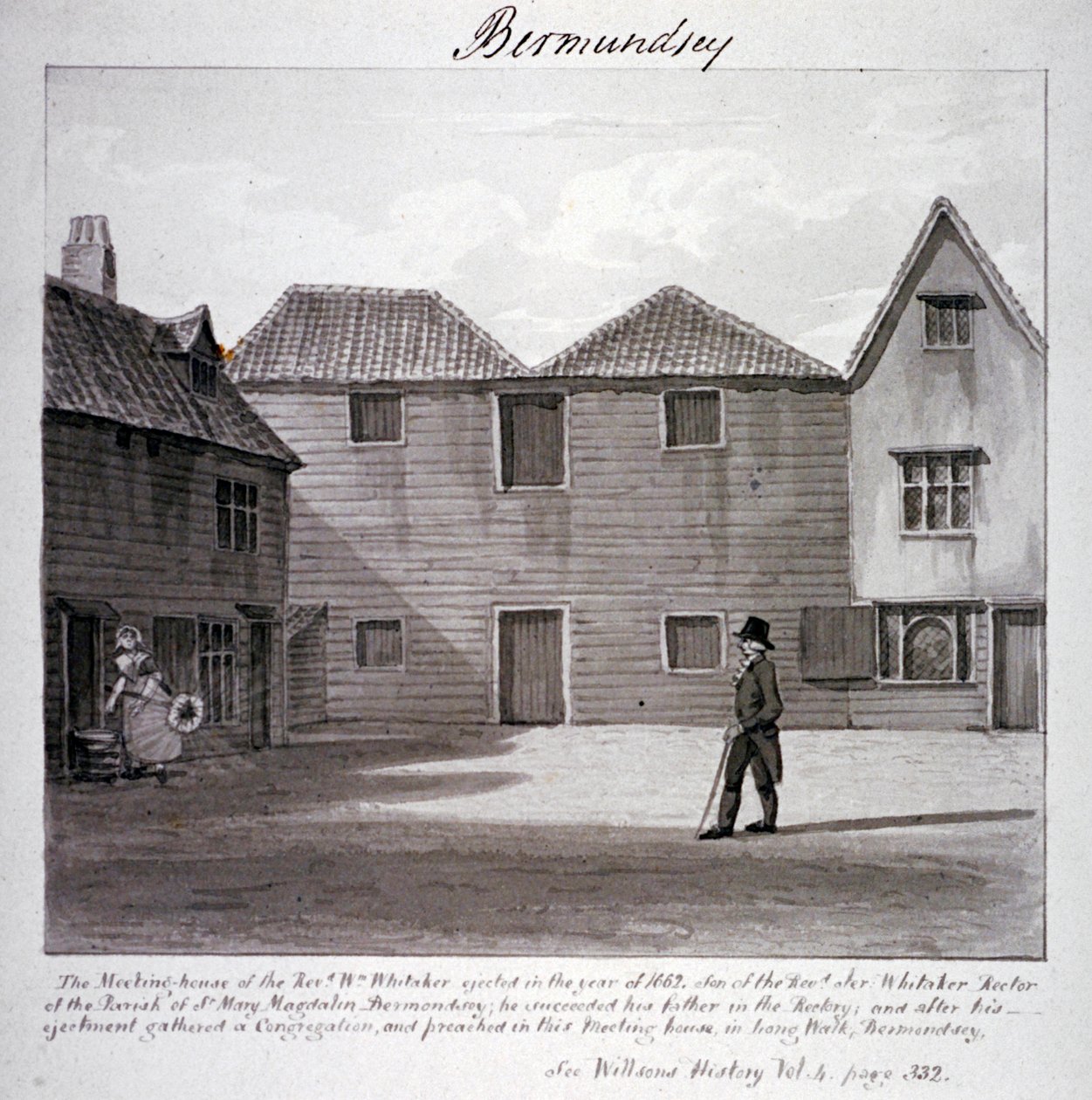 Reverend Whitakers möteshus, Long Walk, Bermondsey, London, c1828 av John Chessell Buckler