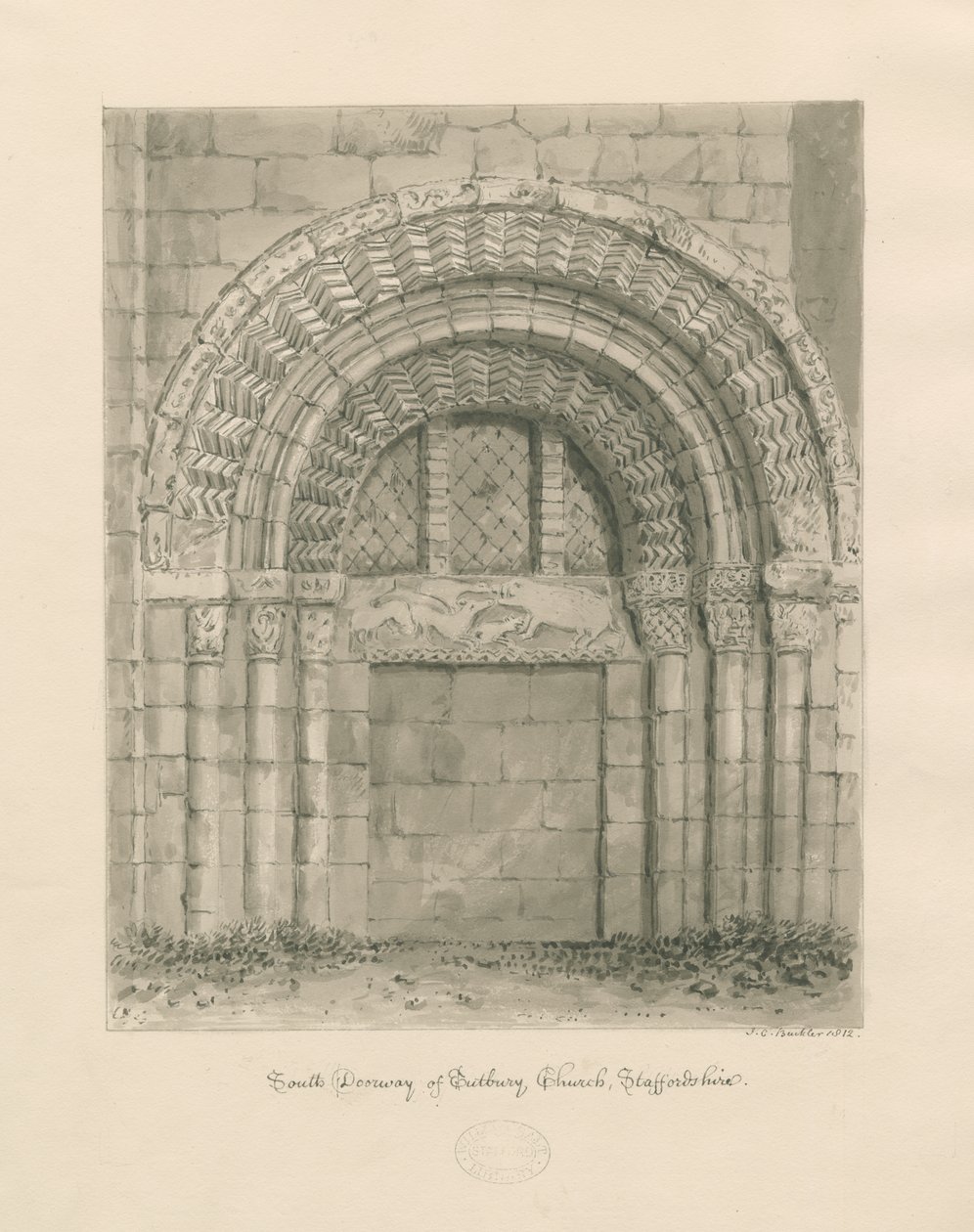Tutbury Priory Church - South Doorway: sepiatvättteckning, 1812 av John Chessell Buckler