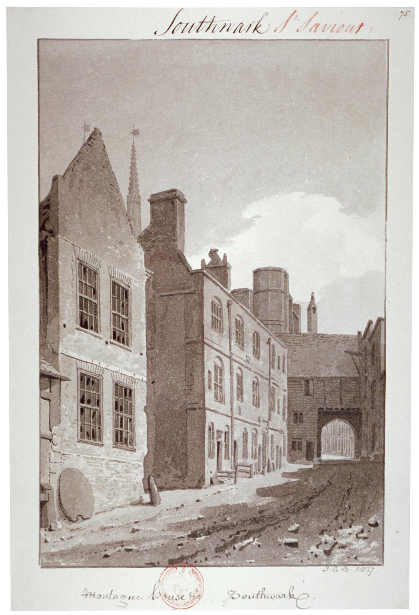 Utsikt mot porten till Montague House, Southwark, London, 1827 av John Chessell Buckler