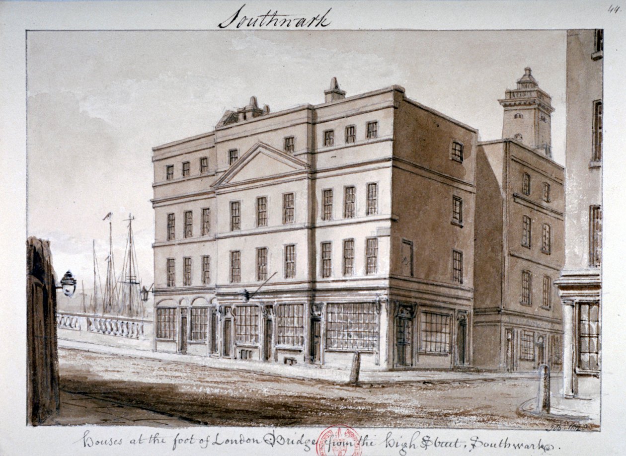 Utsikt över Borough High Street och hörnet av London Bridge, Southwark, London, 1828 av John Chessell Buckler