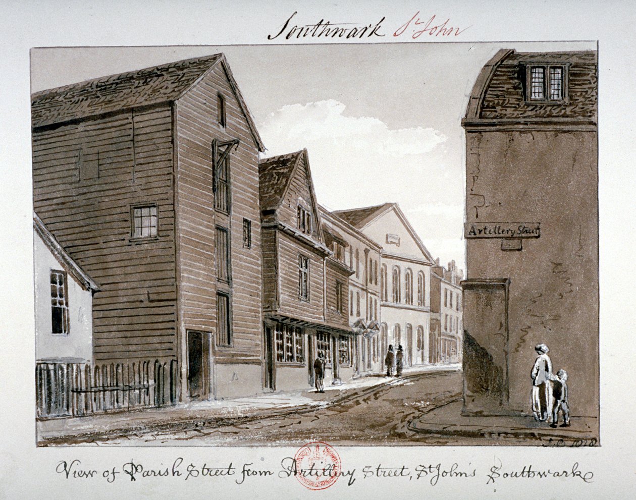 Utsikt över Parish Street och Artillery Street, Bermondsey, London, 1828 av John Chessell Buckler