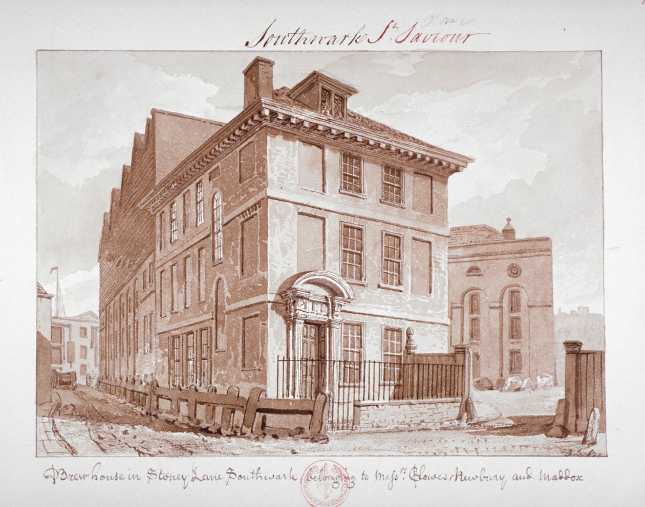Utsikt över ett brygghus på Stoney Lane, Bermondsey, Southwark, London, c1827 av John Chessell Buckler