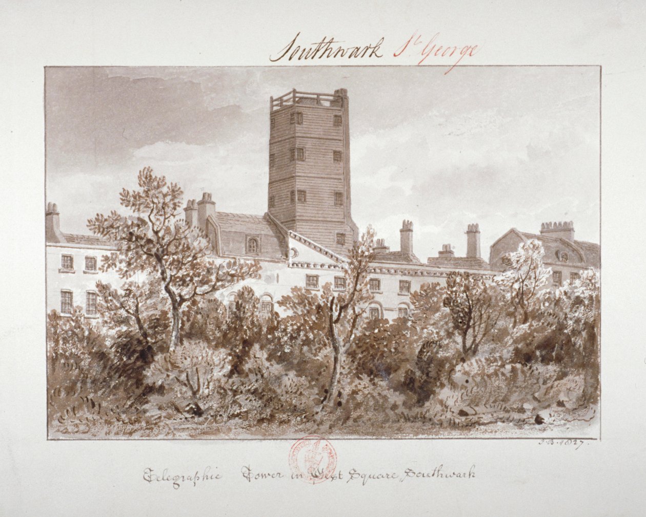 Utsikt över det telegrafiska tornet på West Square, Southwark, London, 1827 av John Chessell Buckler