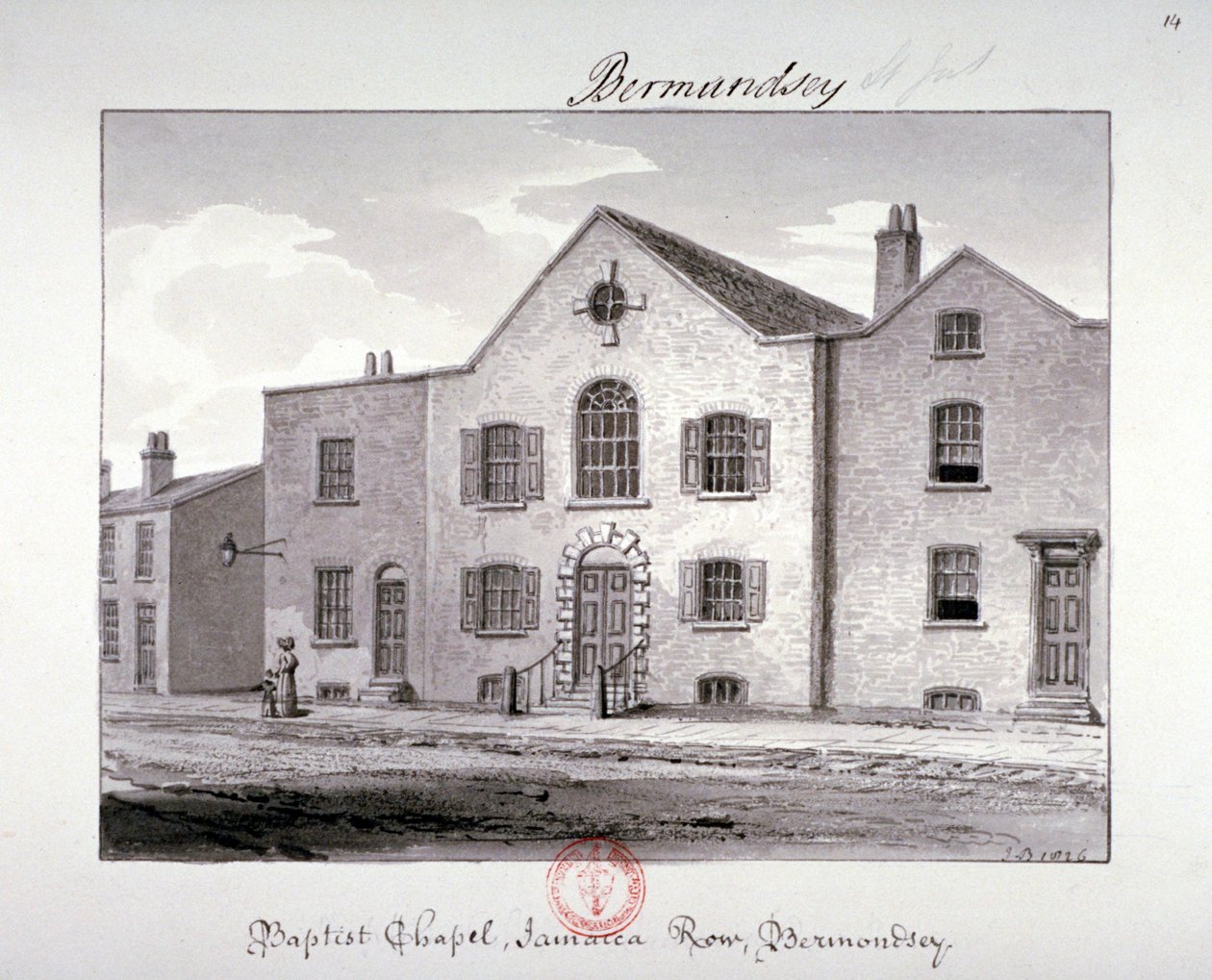 Utsikt över baptistkapellet på Jamaica Row, Bermondsey, London, 1826 av John Chessell Buckler