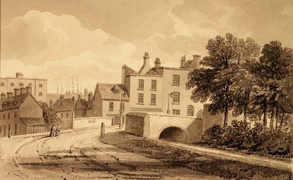 Utsikt över Mill Pond Bridge, Bermondsey av John Chessell Buckler