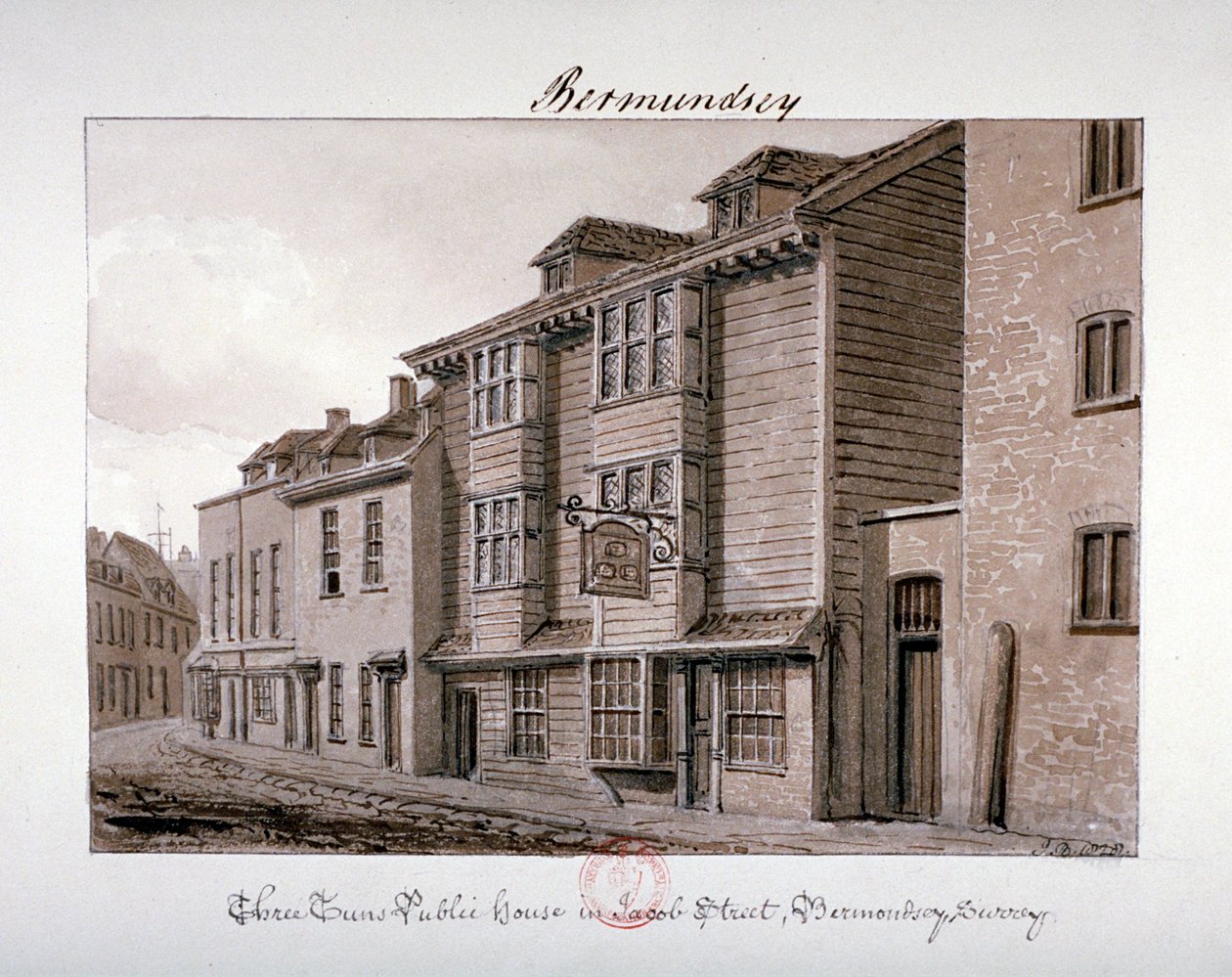 Utsikt över Three Tuns pub på Jacob Street, Bermondsey, London, 1828 av John Chessell Buckler