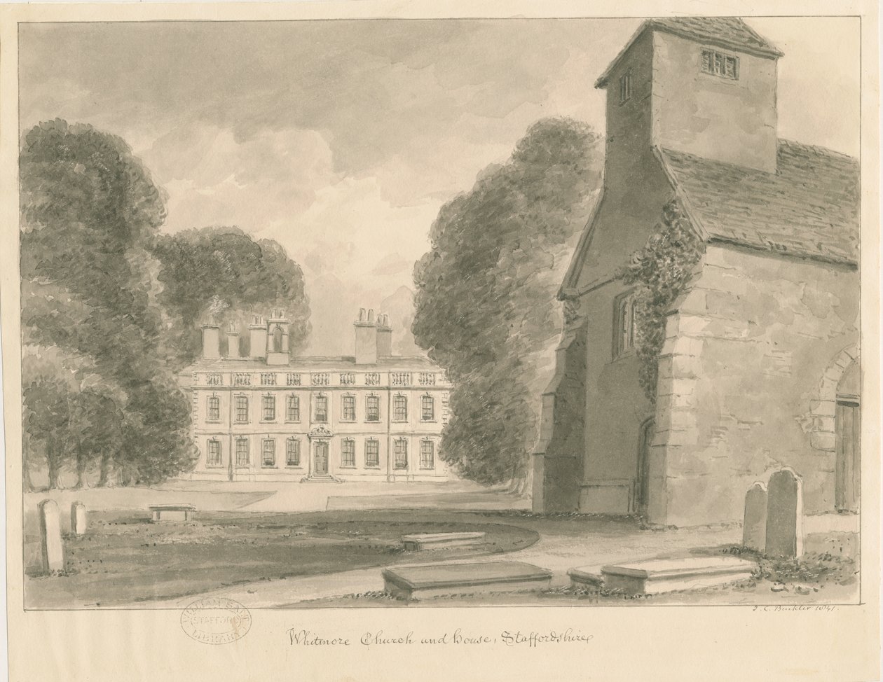 Whitmore Church and House: sepiatvättteckning, 1841 av John Chessell Buckler