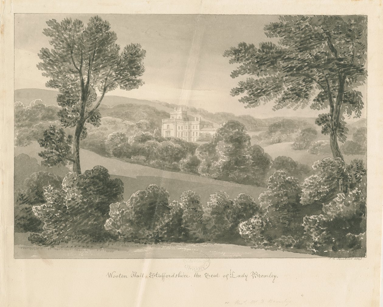 Wootton Lodge: sepiateckning, 1841 av John Chessell Buckler