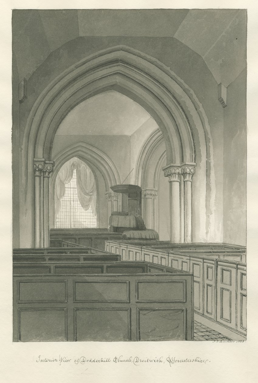 Worcestershire - Droitwich - Dodderhill Church Interiör: sepia ritning av John Chessell Buckler