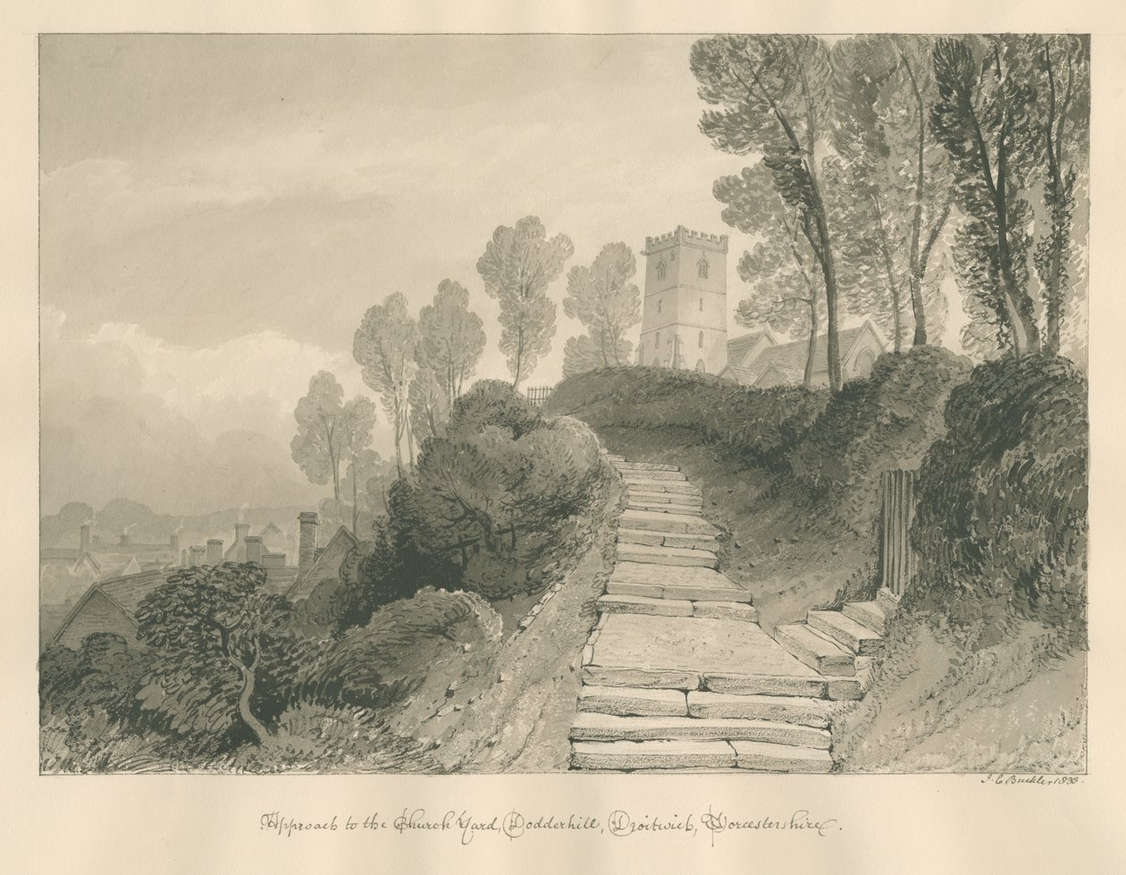 Worcestershire - Droitwich - Dodderhill Church: sepiateckning, 1833 av John Chessell Buckler