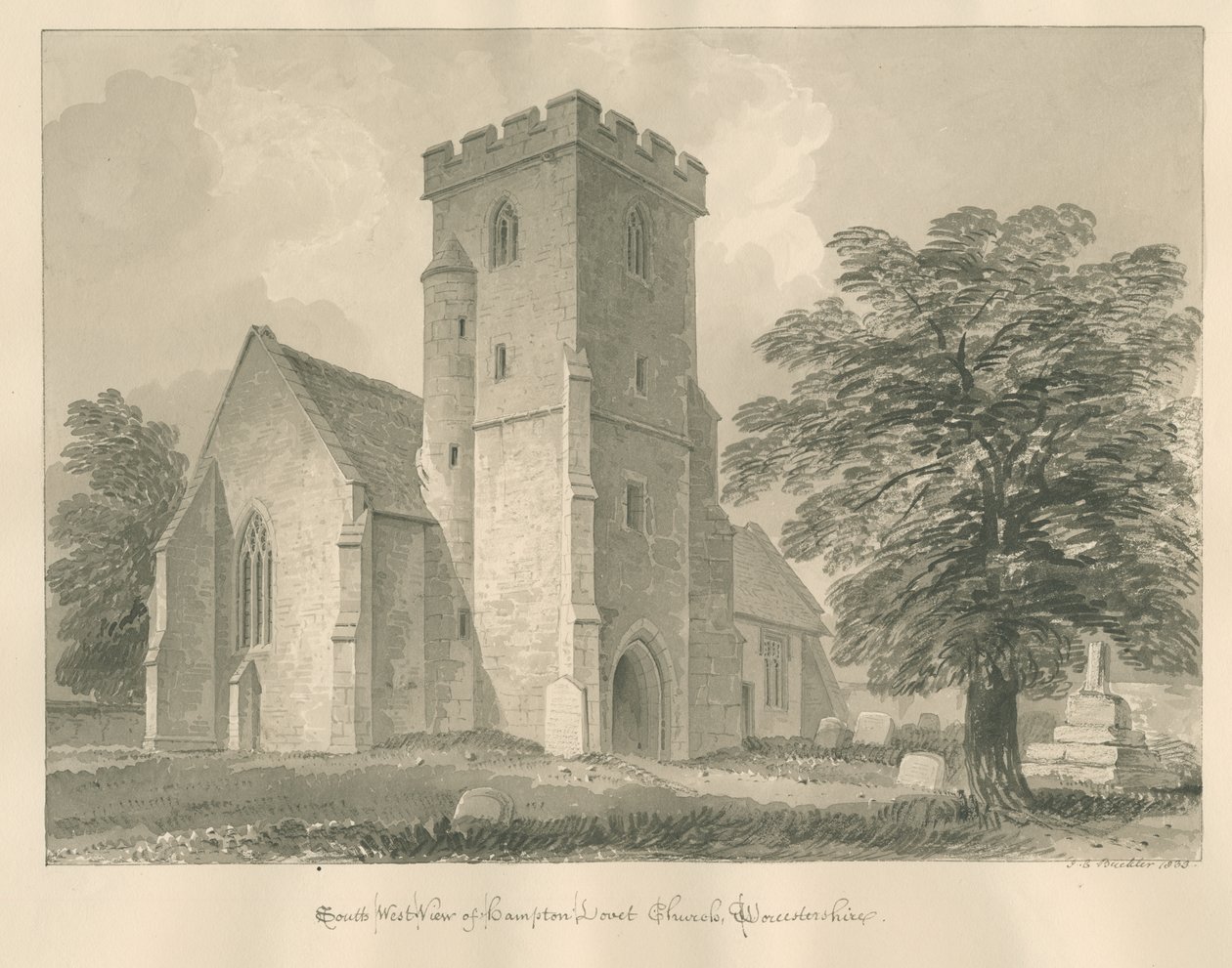 Worcestershire - Hampton Lovett Church: sepiateckning, 1833 av John Chessell Buckler
