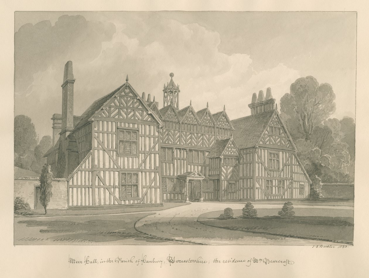 Worcestershire - Hanbury - Meer Hall: sepiateckning av John Chessell Buckler