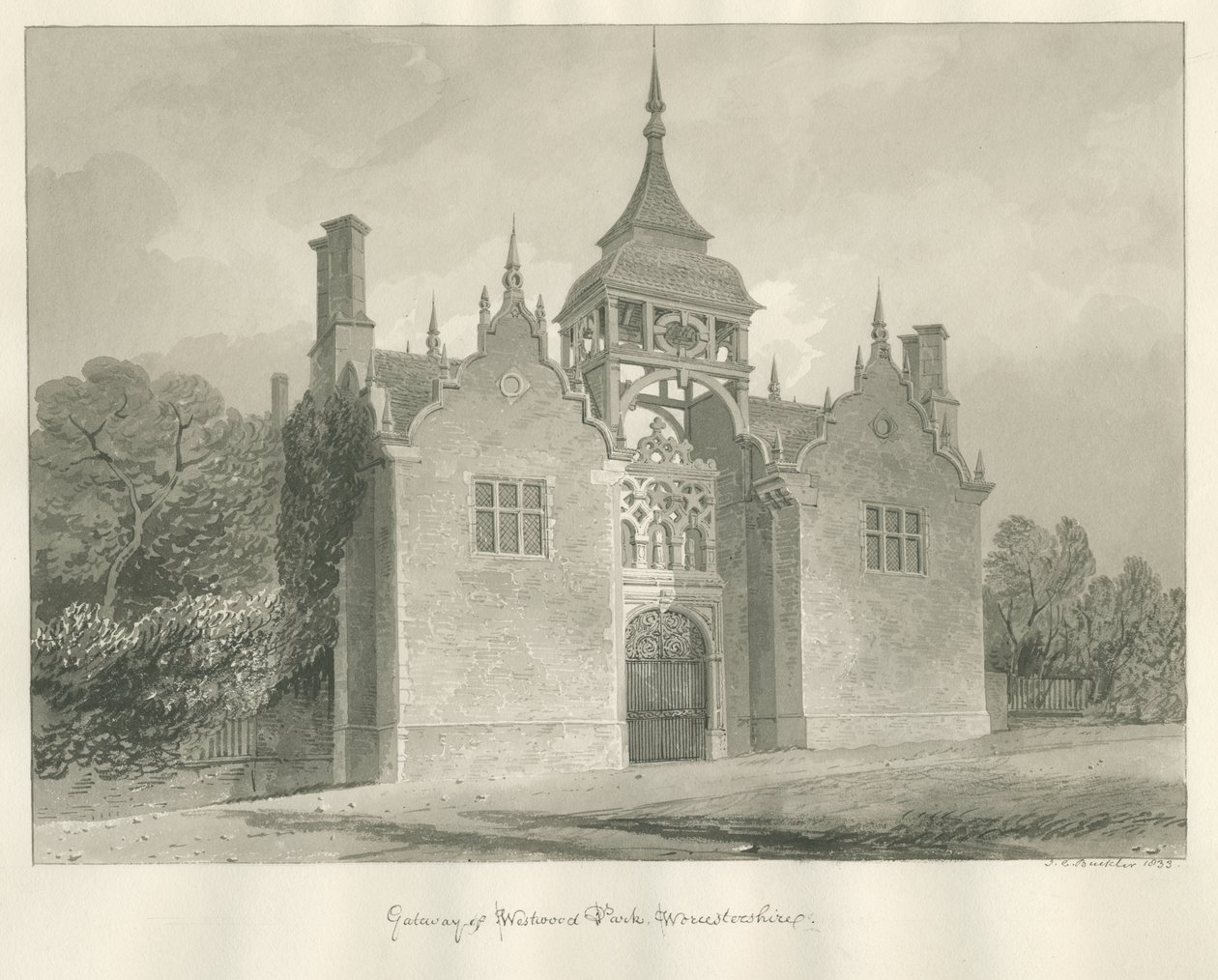 Worcestershire - Westwood Park - Entréport: sepiateckning, 1833 av John Chessell Buckler