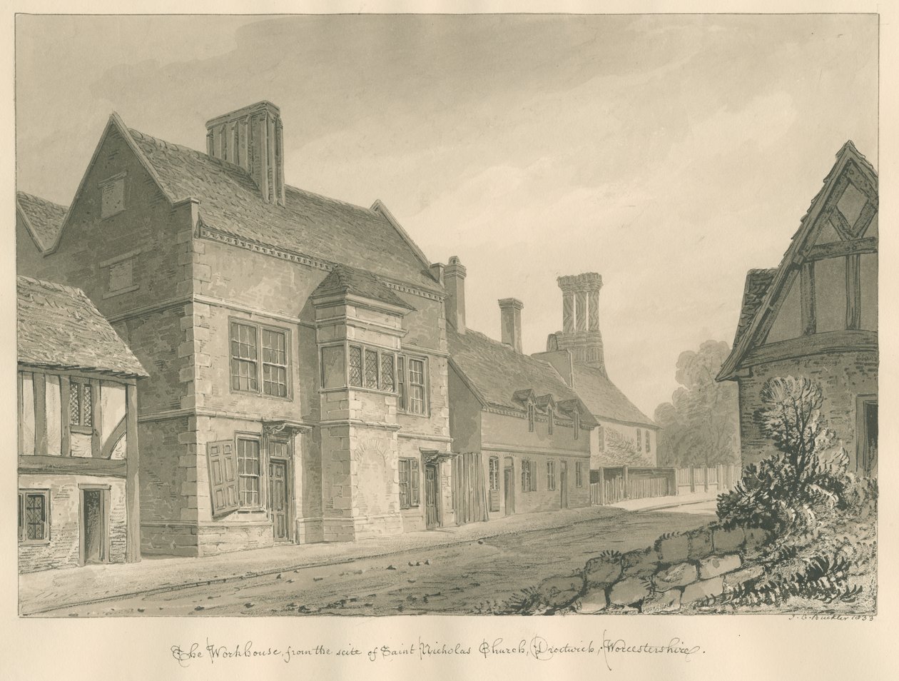 Worcestershire - Droitwich - Workhouse: sepiateckning av John Chessell Buckler