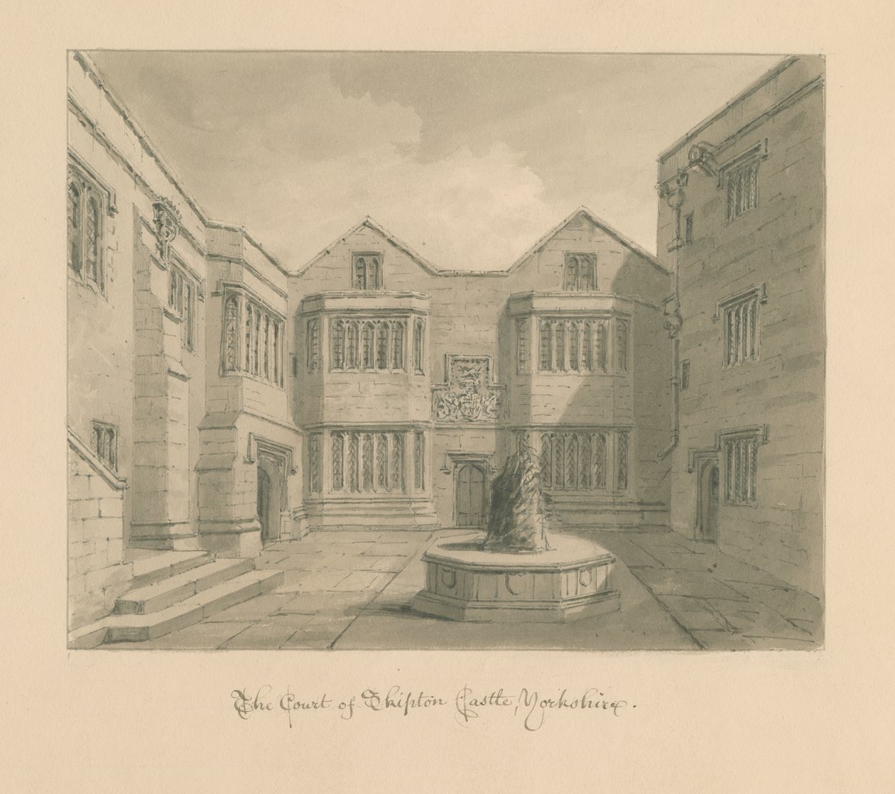 Yorkshire - Skipton Castle: sepiateckning av John Chessell Buckler