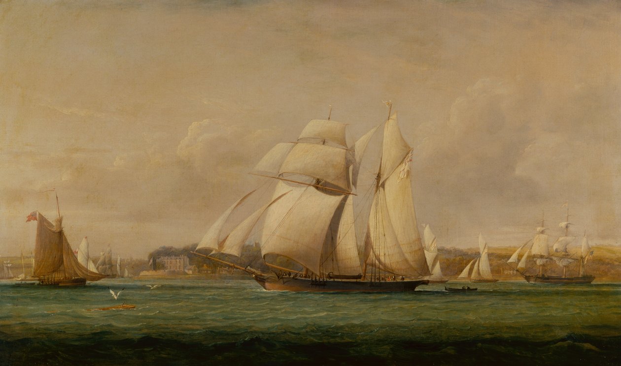 En Top Sail Schooner, Två Royal Yacht Squadron Cutters och ett amerikanskt handelsfartyg (olja) av John Christian Schetky