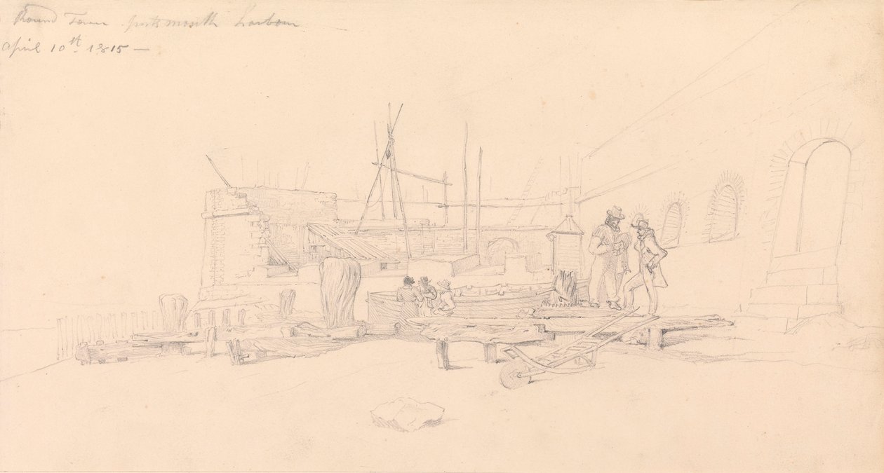 Ritning av Round Tower, Portsmouths hamn av John Christian Schetky