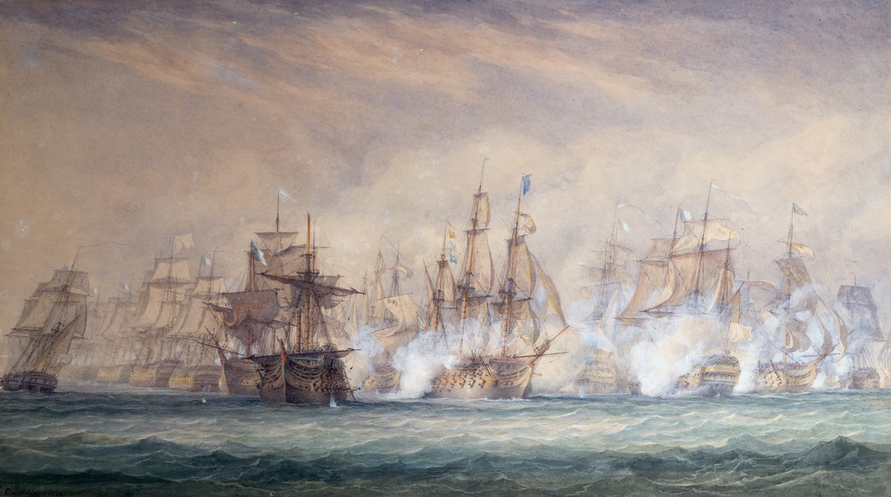 Slaget vid Saintes (penna och akvarell) av John Christian Schetky