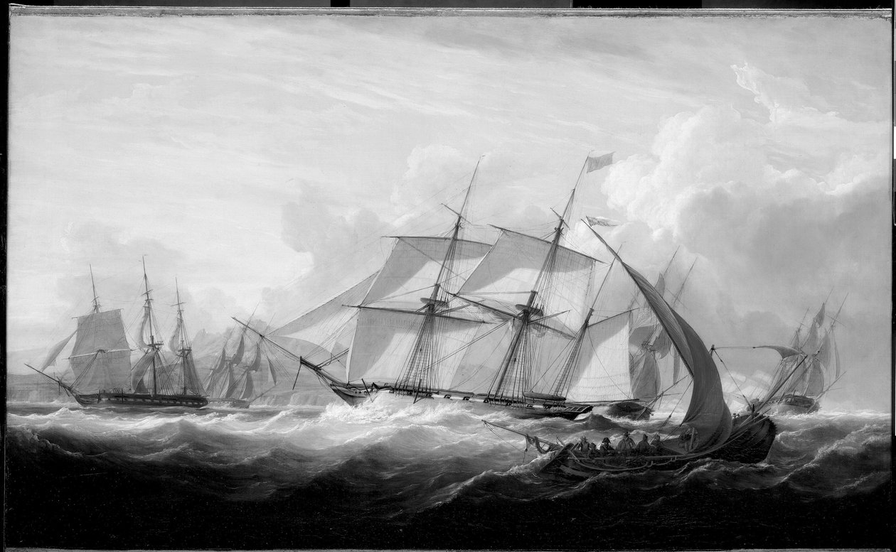 Fartyget HMS "Columbine" och andra båtar utanför Lissabons kust (Portugal). olja på duk av John Christian Schetky